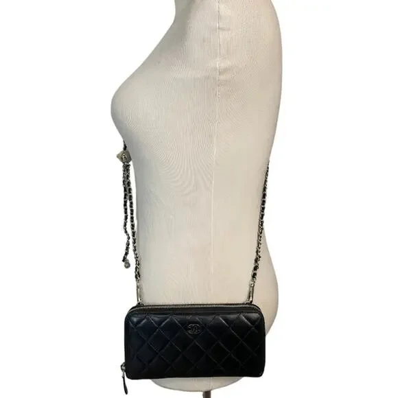 CHANEL CC QUILTED LAMBSKIN ZIP AROUND WALLET ON A CHAIN. Box & COA Included